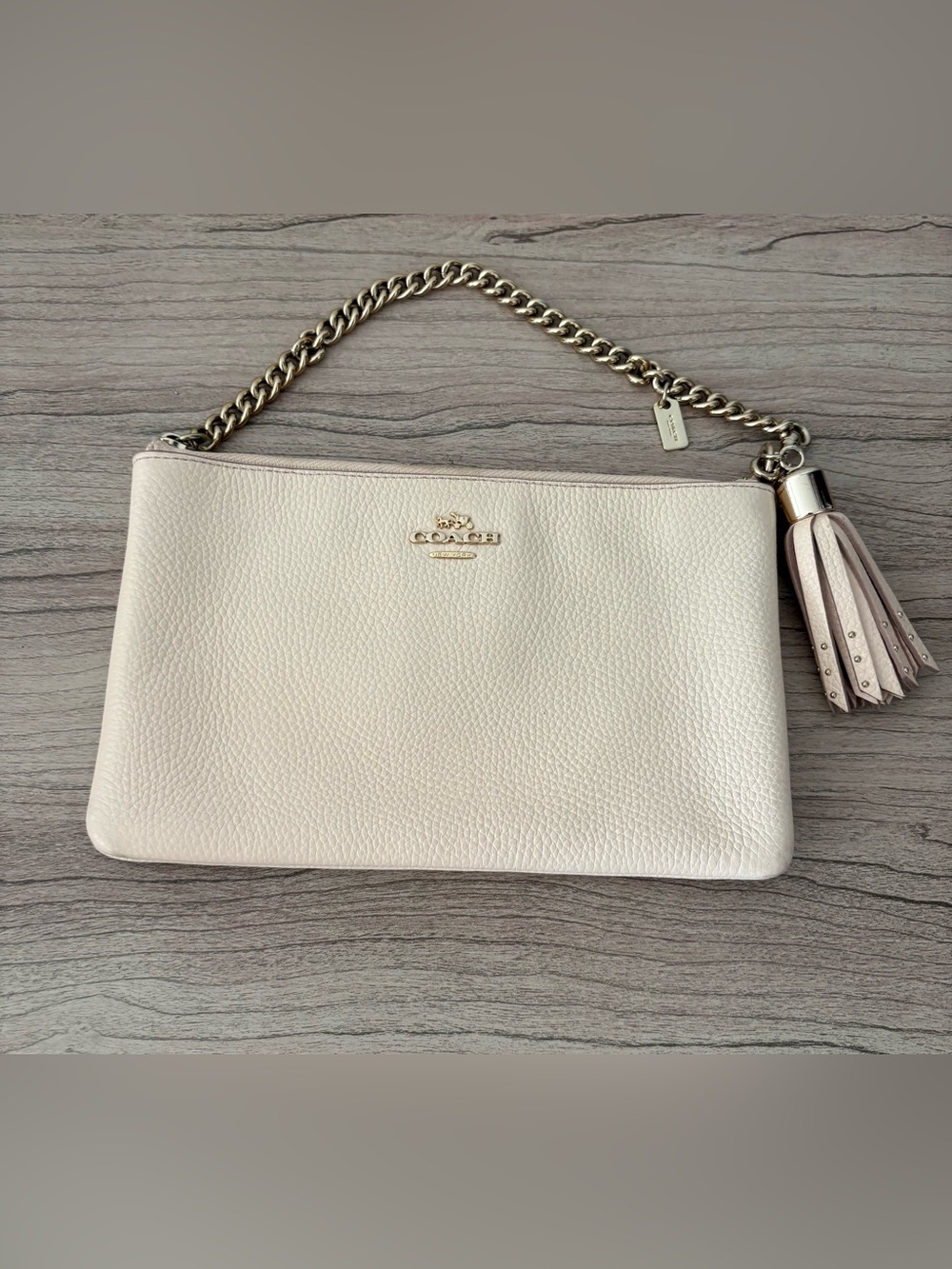 Coach Pebble Leather Wristlet in Pale Pink with Gold Chain